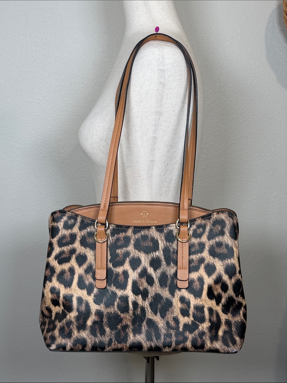 Nanette Lapore Liam Triple Section Shoulder Bag Cheetah Print Tan Vegan Leather